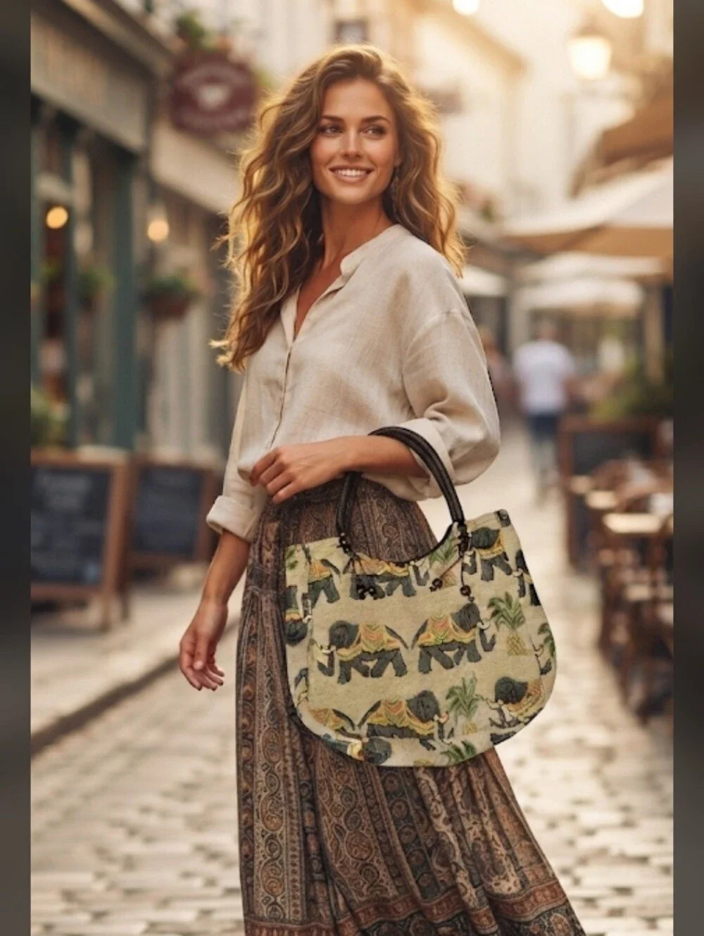 Boho Elephant Tapestry Tote Bag - Woven Shoulder Bag Rope Handles & Bead Tassels